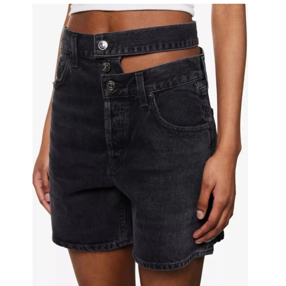 NWT AGOLDE 'Broken Waistband' Women's Black Denim Cutout Shorts Size 26